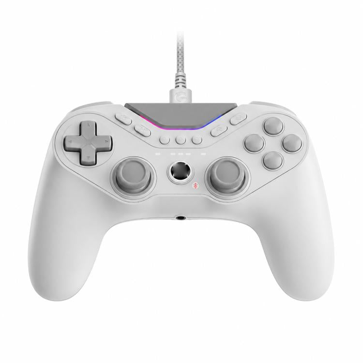 Wired game controller with twin thumbsticks and D-pad, white with gray buttons