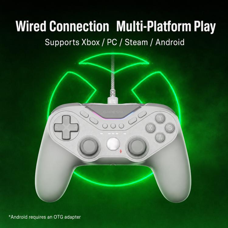 Wired white game controller with glowing RGB ring grips and top light