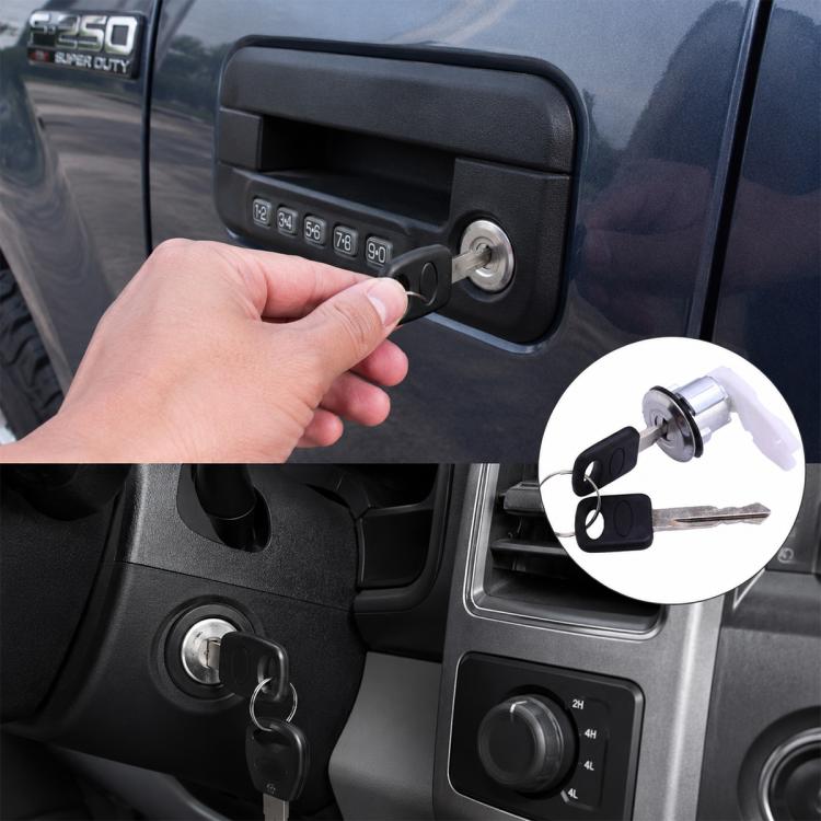 Ignition switch and door lock cylinder with keys, shown for car door installation