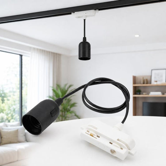 Black track lamp holder with E14/E27 socket, 2-wire cable, and track adapter