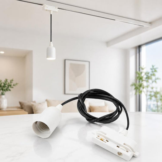 Black track lamp holder with white E14/E27 socket and two-wire cable