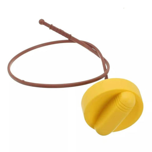 Engine oil dipstick with yellow cap, brown cord and probe tip