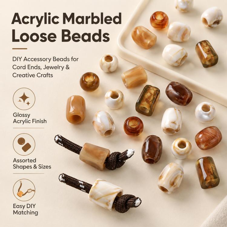 Large-hole acrylic beads, glossy marbled white and amber mix, some threaded on cord
