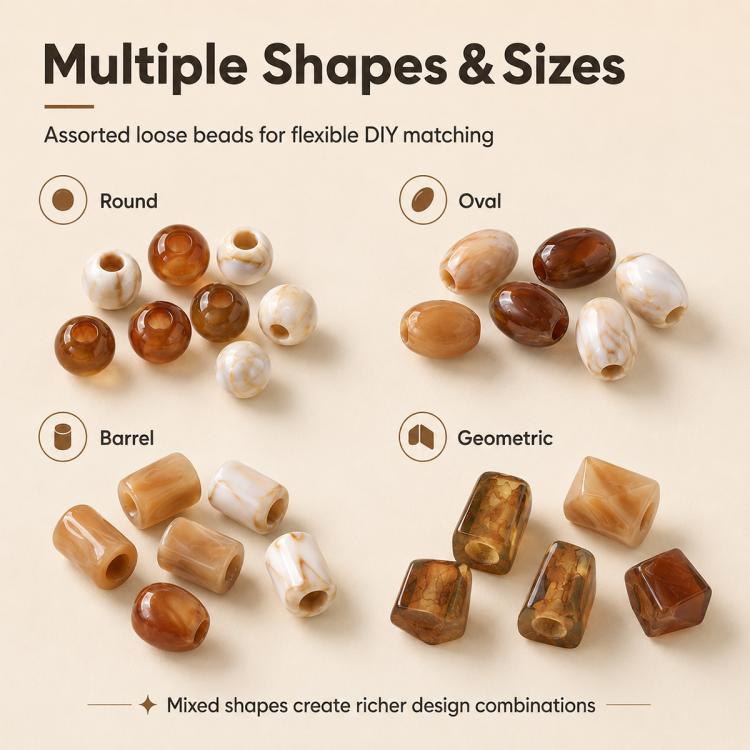 Large-hole acrylic beads, assorted round, oval, barrel and geometric marbled mix