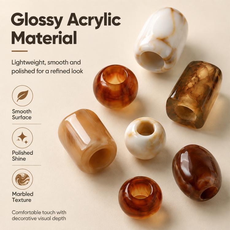 Large-hole acrylic beads, glossy polished marbled amber and white, varied shapes