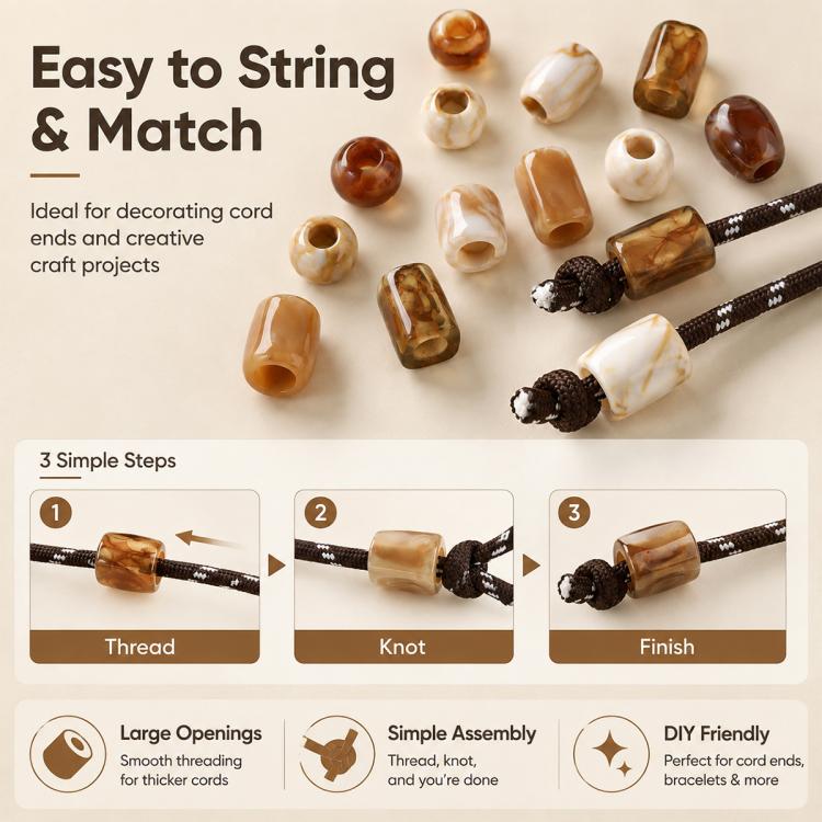 Large-hole acrylic beads in marbled amber and white, threaded on decorative cords