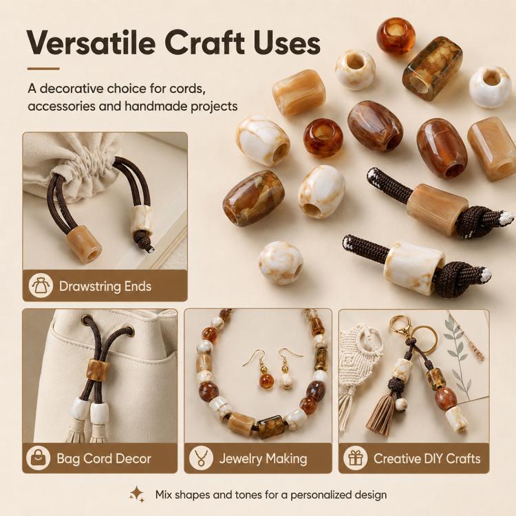 Large-hole acrylic beads, marbled amber and white tones, with cord ends for DIY