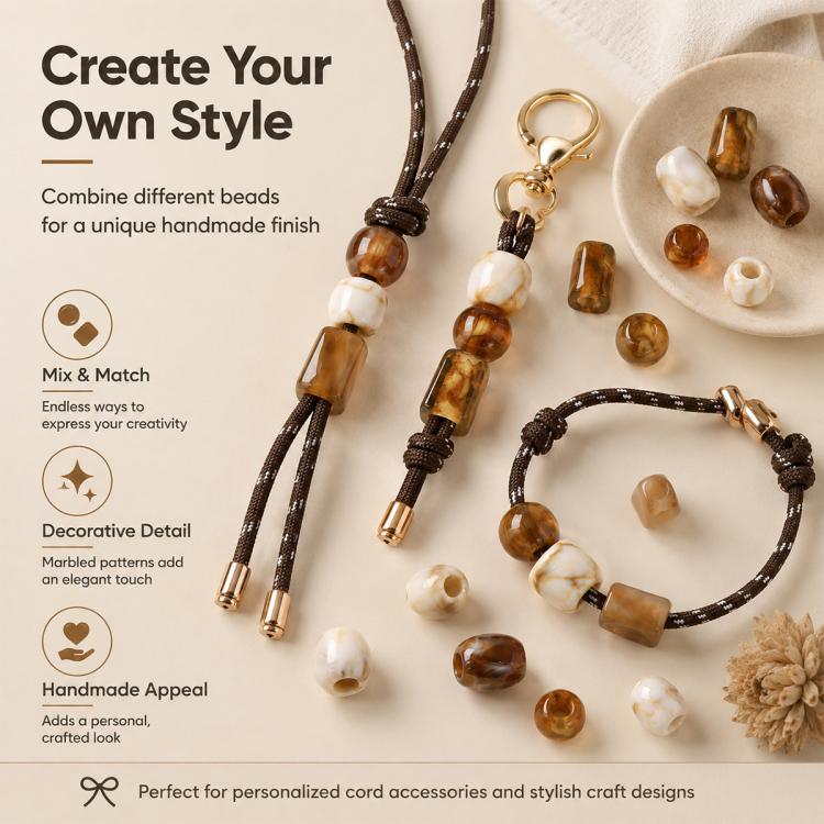 Large-hole acrylic beads, marbled amber and white, on cord bracelets and key rings