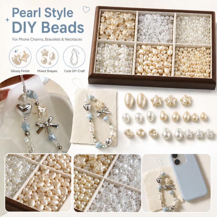 Pearl-style DIY faux beads assortment in divided tray, mixed glossy shapes