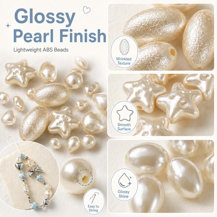 Glossy faux pearl beads with smooth and wrinkled textures, star and oval shapes
