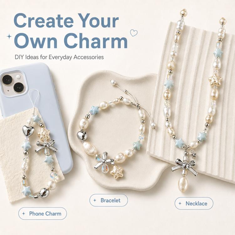 DIY faux pearl charm set with star charms and blue bead accents, bracelet and necklace