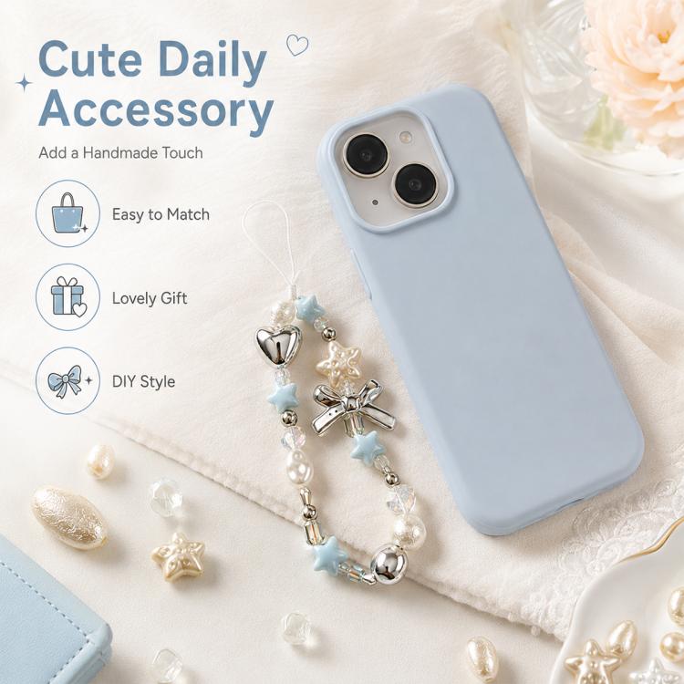 Faux pearl phone charm and bead bracelet with star charms and blue accents