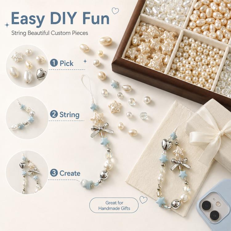 DIY faux pearl bead charm set with star charms, custom stringing and bead tray