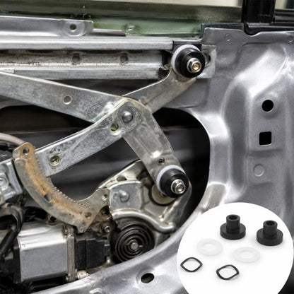 Front window bushing kit with metal linkages and two black rubber bushings with seals