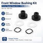 Car front window bushing kit parts: black bushings, white nylon washers, black rubber seals