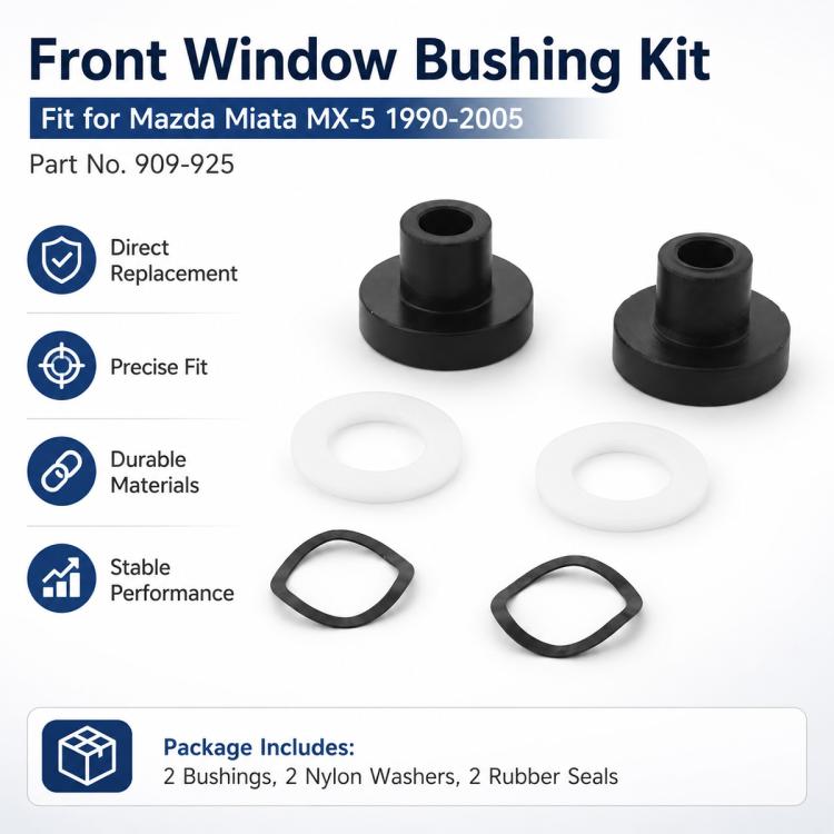 Car front window bushing kit parts: black bushings, white nylon washers, black rubber seals