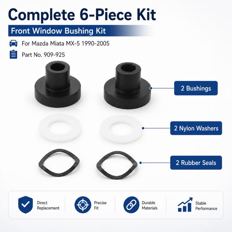 Front window bushing kit: two black bushings, two white washers, two rubber seals