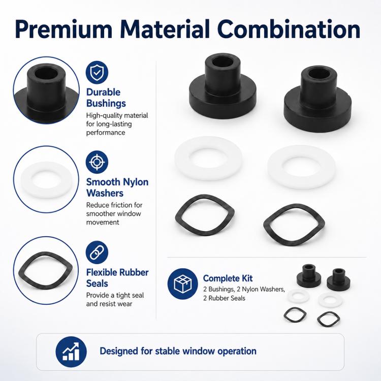 Front window bushing kit components: black bushings, white nylon washers, black rubber seals