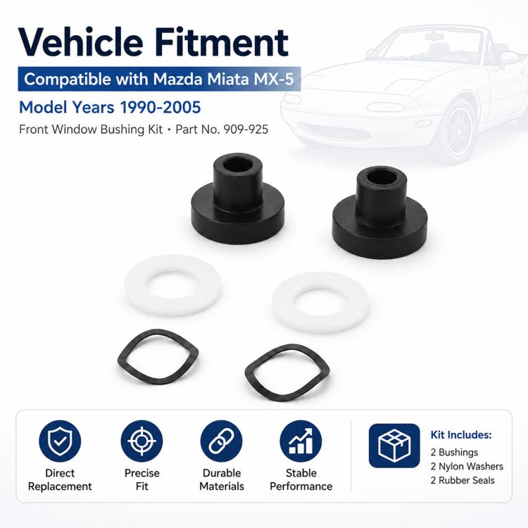 Vehicle front window bushing kit includes two black bushings with washers and rubber seals