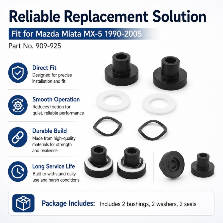 Replacement front window bushing kit: two black bushings, white washers, and rubber seals