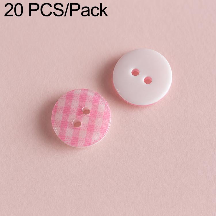 Colorful resin button set: pink plaid and white buttons with red two-hole design.