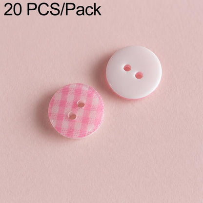 Colorful resin button set: pink plaid and white buttons with red two-hole design.