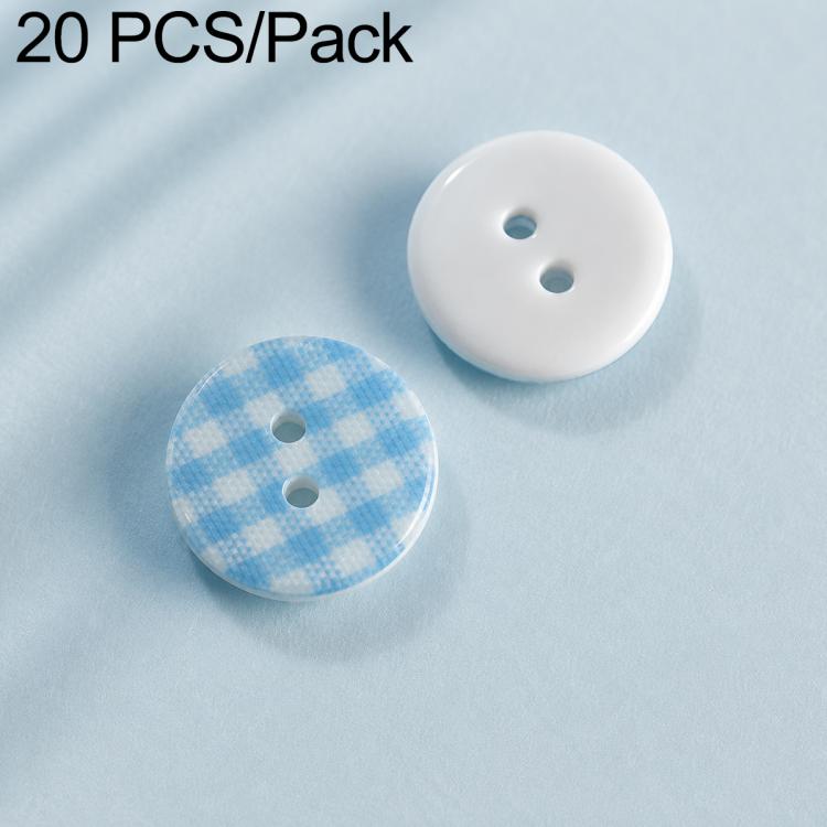 Colorful resin button set: light blue plaid and white buttons with blue two-hole design.