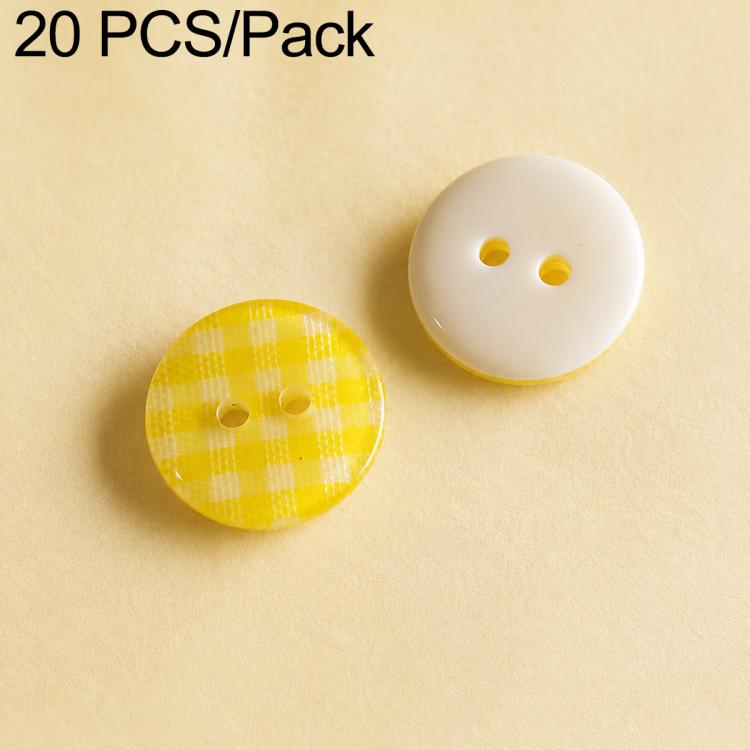 Colorful resin button set: yellow plaid and white buttons with yellow two-hole design.