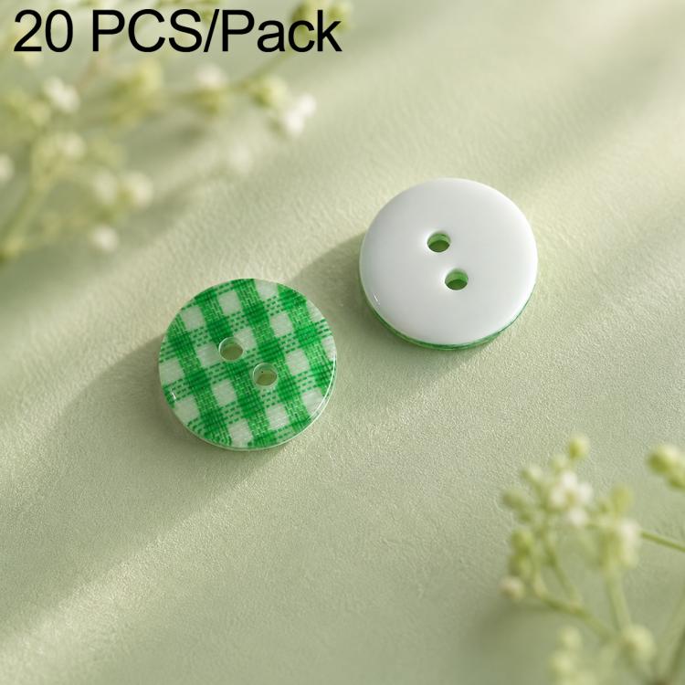 Colorful resin button set: green plaid and white buttons with green two-hole design.