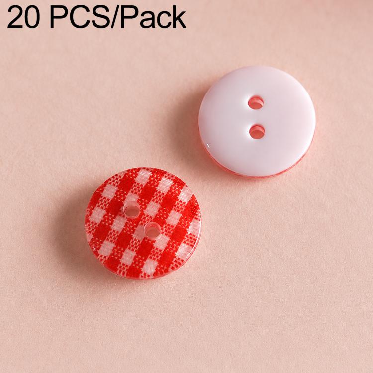 Colorful resin button set: red plaid and white buttons with red two-hole design.