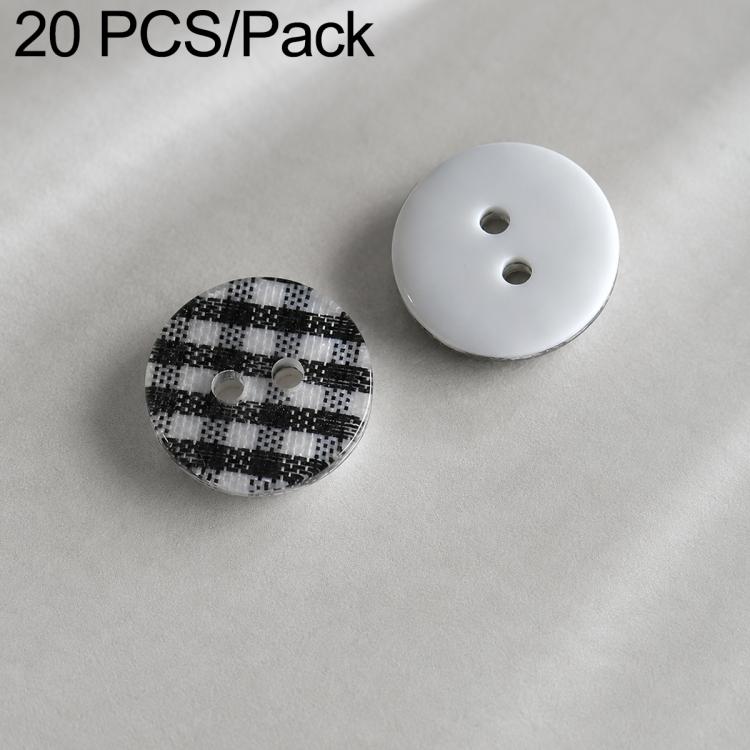 Colorful resin button set: black plaid and white buttons with black two-hole design.