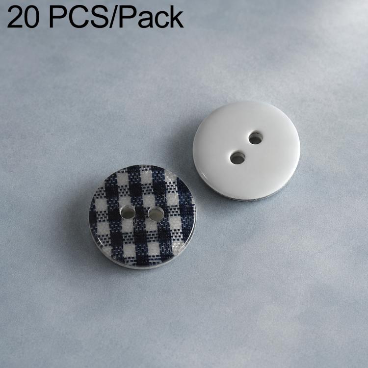 Colorful resin button set: navy-and-white plaid and white buttons with black two-hole design.