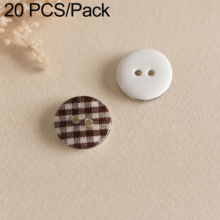 Colorful resin button set: brown-and-white plaid and white buttons with brown two-hole design.