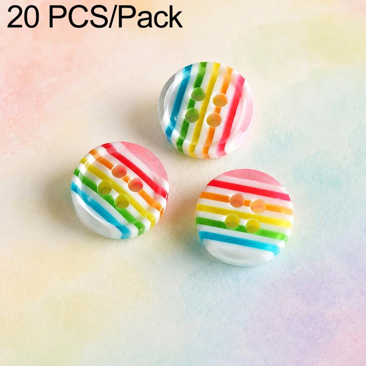 Colorful resin button set: multicolor striped buttons with green and orange two-hole designs.