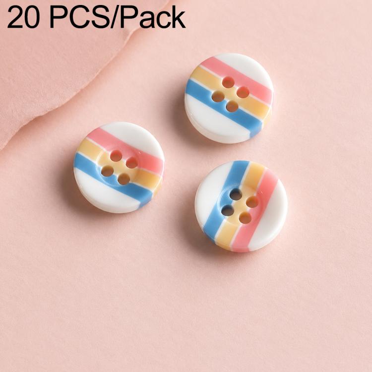 Colorful resin button set: rainbow striped buttons with red and blue two-hole designs.