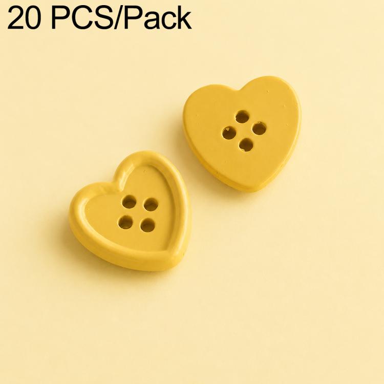 Yellow heart-shaped resin button beads with four holes for craft jewelry