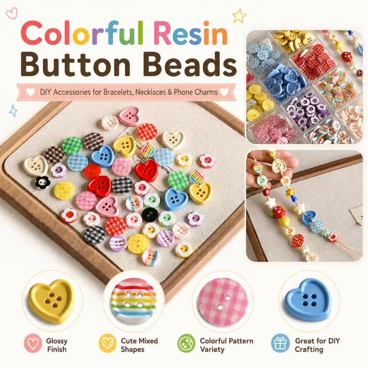 Assorted colorful resin button beads set in heart, flower, and striped styles