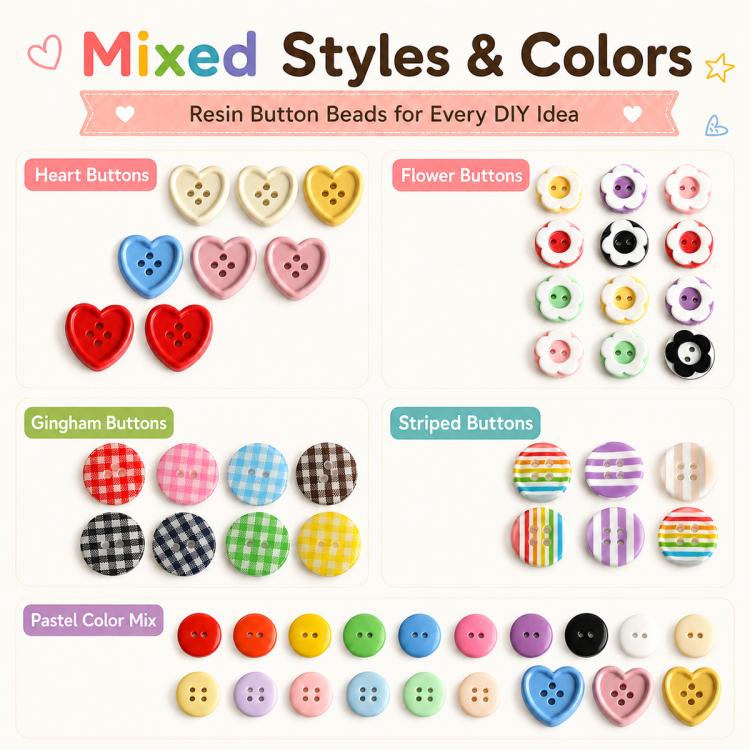 Mixed-style resin button beads with heart and flower shapes in assorted colors
