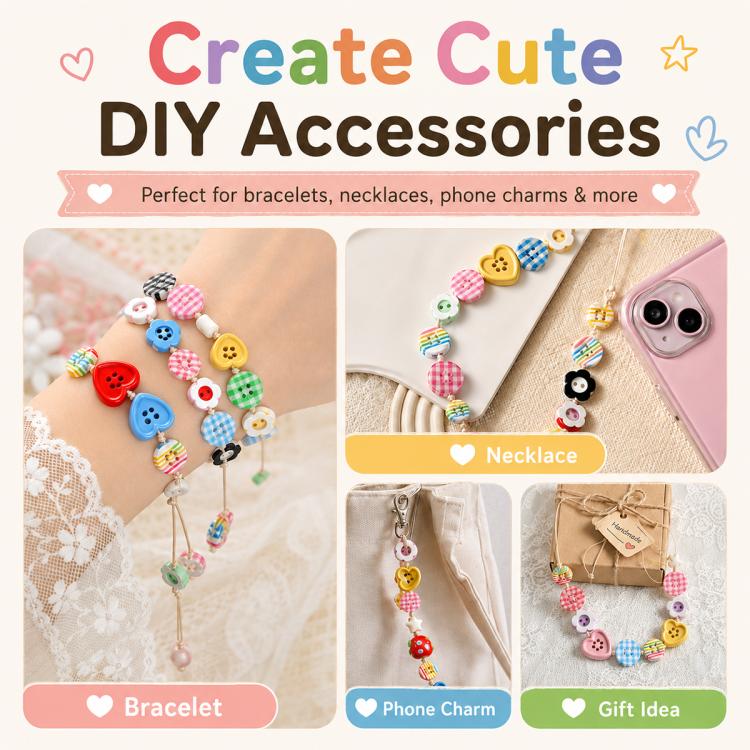 Resin button beads arranged on a bracelet and phone charm for DIY