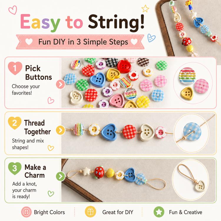 Colorful resin button beads for easy DIY stringing, with heart and striped pieces
