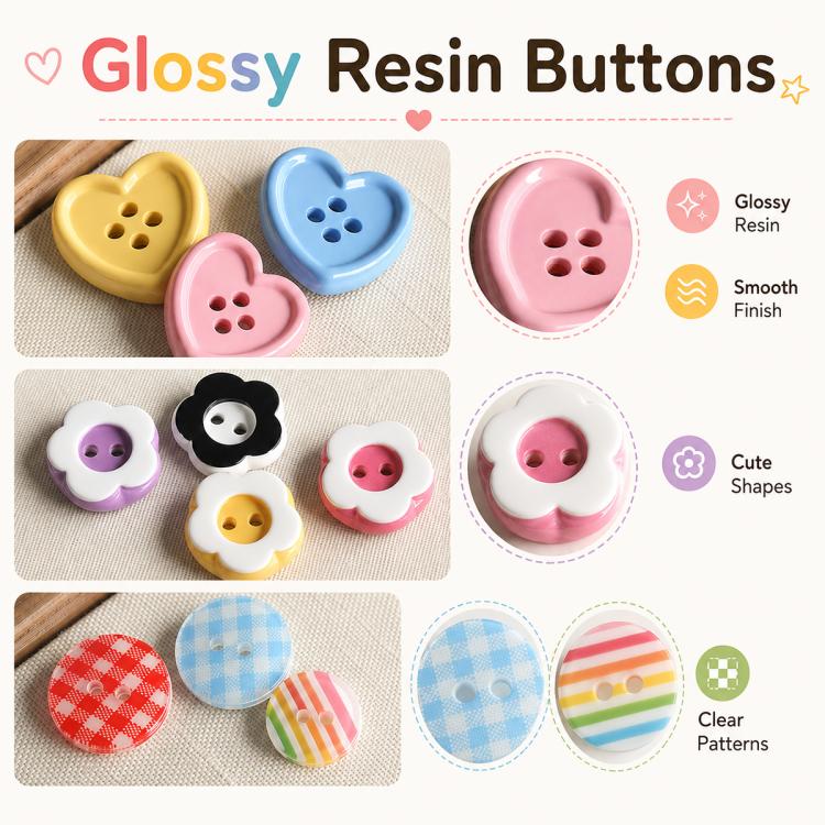 Glossy resin buttons with heart and flower shapes in pink, blue, yellow, and black