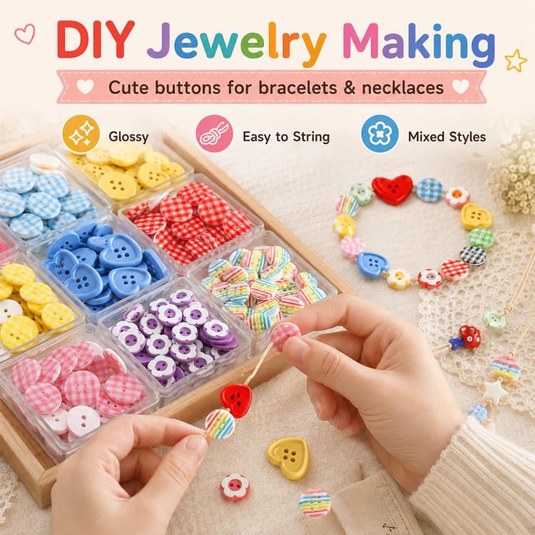 Colorful resin button bead set in plastic box, mixed patterns for DIY bracelets