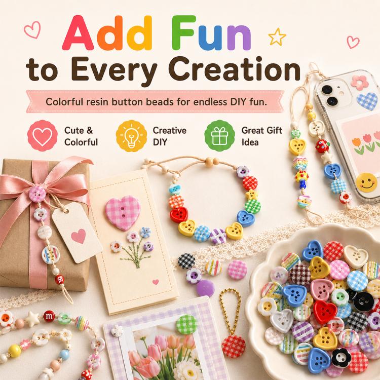 Colorful resin button bead charms with hearts and checkered designs, DIY jewelry set