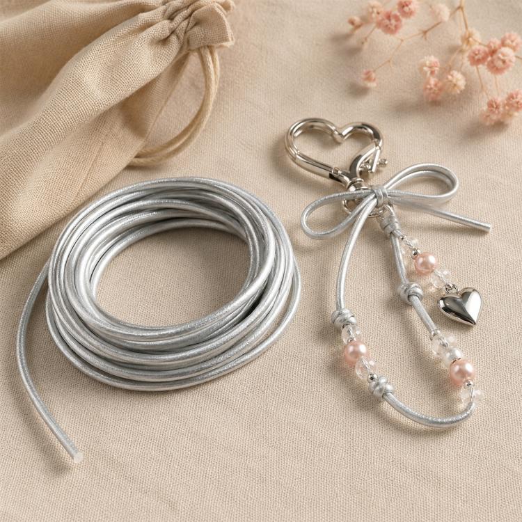 Silver 3mm PU leather beading cord with heart charm keychain and small bead accents