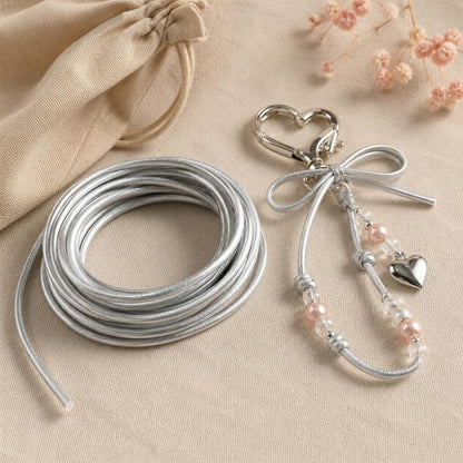 Silver 3mm PU leather beading cord with heart charm keychain and small bead accents