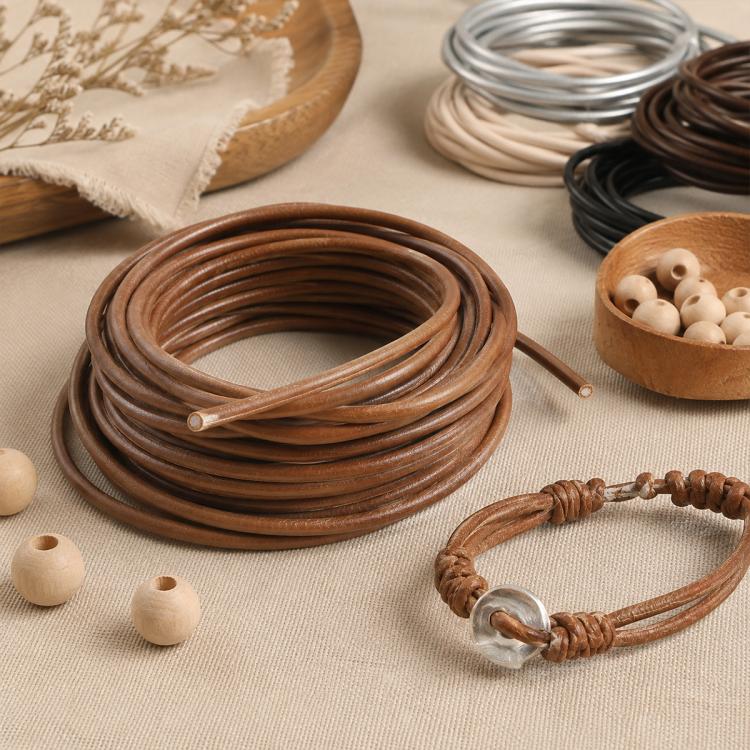 Brown PU leather beading cord coils with braided bracelet and wooden bead charm