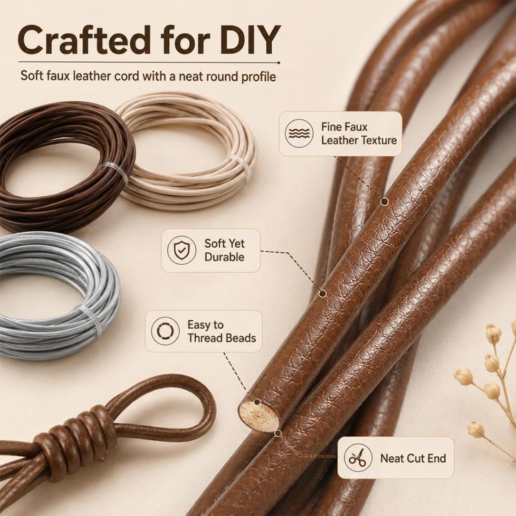 PU leather beading cords with round profile in brown, beige, and gray, laid flat