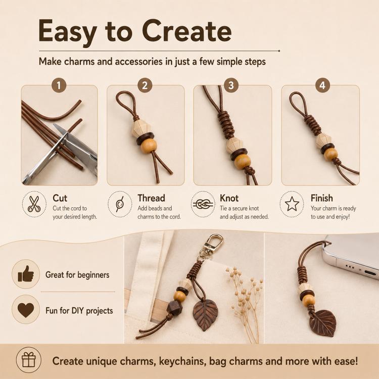 PU leather beading cord with finished charm accessory and bead accents, ready to use