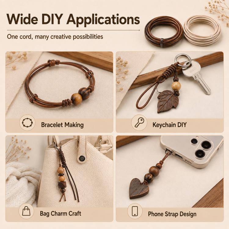 PU leather beading cords shown with bracelet, keychain, bag charm, and phone strap