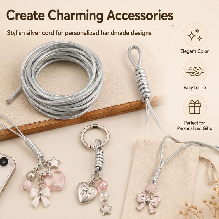 Silver PU leather beading cord bundle with tied charm keychain, hearts, and bow beads